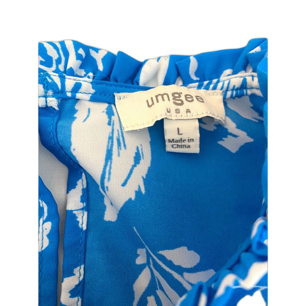 Umgee Peasant Blouse Large Blue White Floral Flutter Sleeve Lace Flowy - Picture 6 of 9